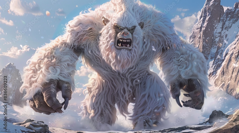 Elusive Yeti in Snowy Mountain Pass, Mysterious Winter Legend. Elusive Yeti in Snowy Mountain Pass, Mysterious Winter Legend.