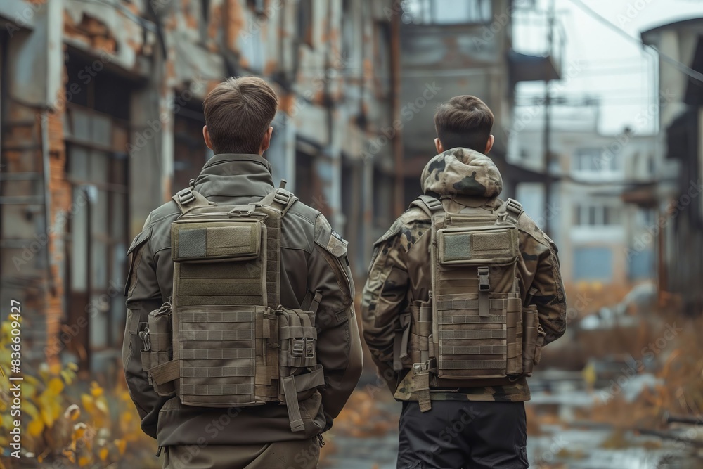 Two soldiers with backpacks walking through an abandoned city. Two soldiers with backpacks walking through an abandoned city.