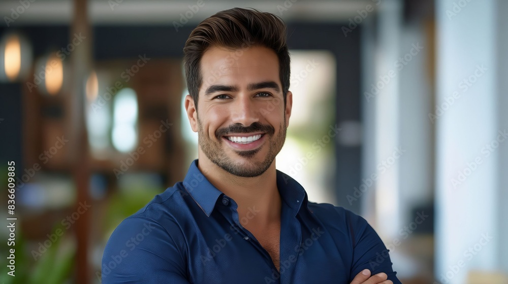 A man with a mustache and blue shirt smiling. A man with a mustache and blue shirt smiling.