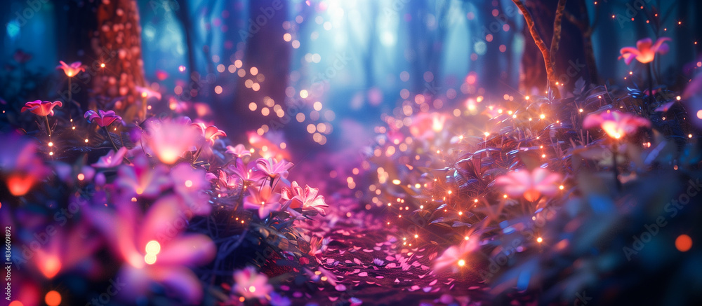 Neon fairy tale forest with luminous flowers, fantasy nigt wonderland Neon fairy tale forest with luminous flowers, fantasy nigt wonderland