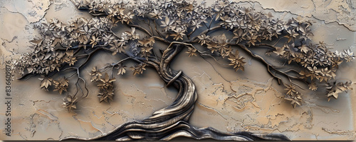 A detailed 3D wall art of a tree with sprawling branches and intricate leaves, crafted from polished wood and metal accents.