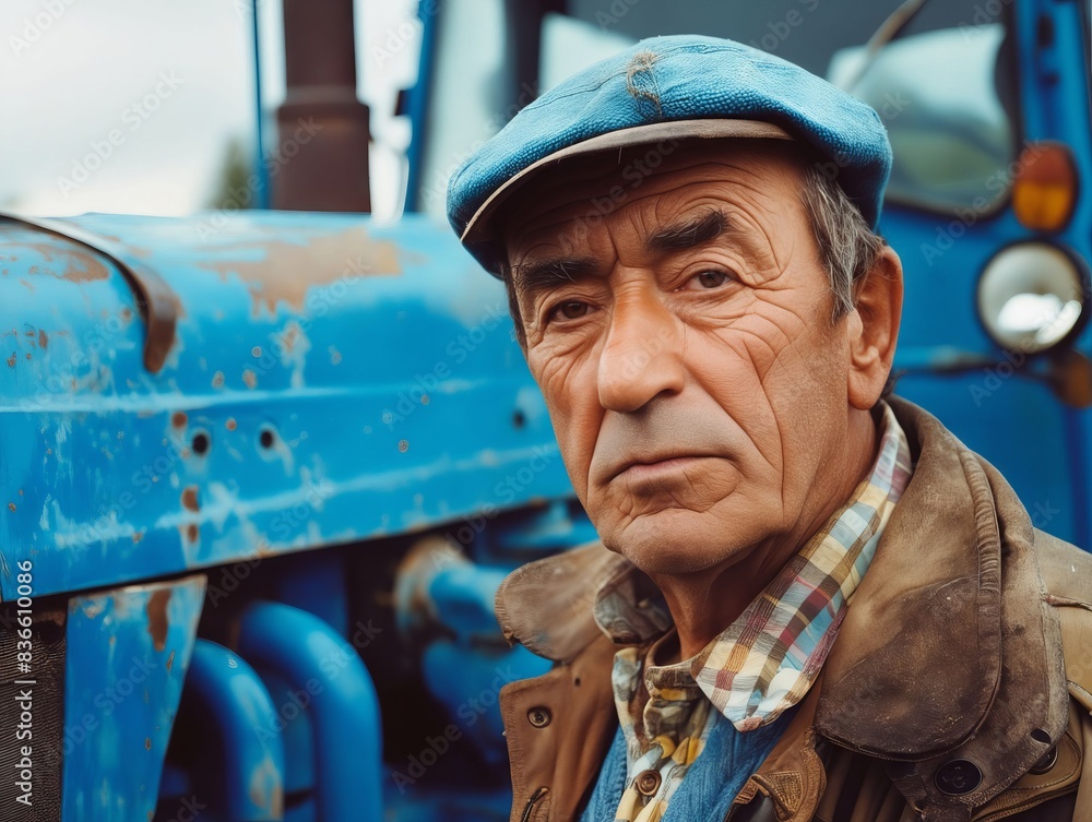 A man in a blue cap standing next to a tractor. A man in a blue cap standing next to a tractor.