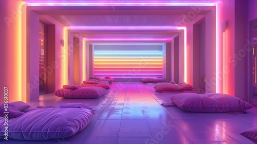 A nostalgic yet futuristic room with glowing purple walls and horizontal rainbow stripes, showcasing innovative technology and a sense of both past and future