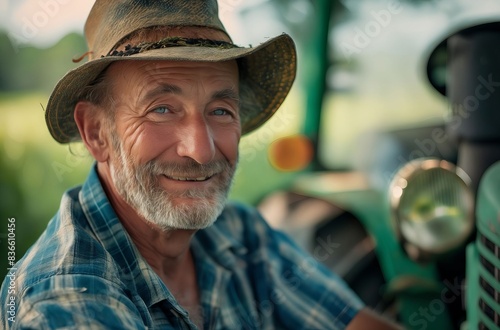 A smiling man in a hat sitting on a tractor.