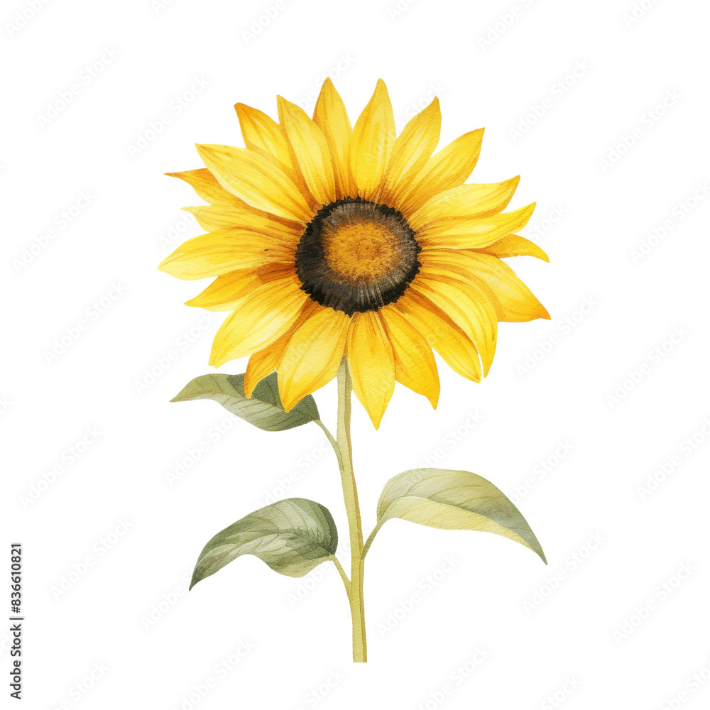 Fototapeta premium Beautiful hand-drawn sunflower illustration with vibrant yellow petals and green leaves, perfect for nature, floral, and botanical themes.