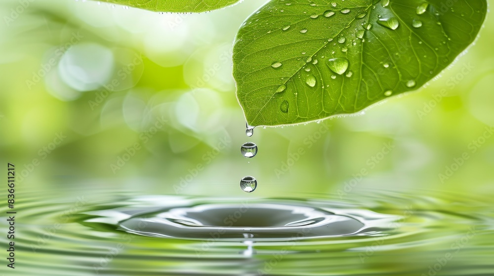Macro Shot of Water Droplet Suspended on Green Leaf, Symbolizing Purity and Natural Cycle. Macro Shot of Water Droplet Suspended on Green Leaf, Symbolizing Purity and Natural Cycle.