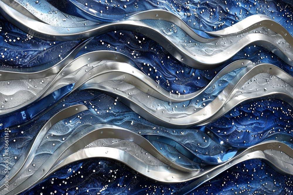A luxurious 3D wall art piece featuring an abstract representation of ocean waves, crafted from shimmering blue and silver materials. A luxurious 3D wall art piece featuring an abstract representation of ocean waves, crafted from shimmering blue and silver materials.