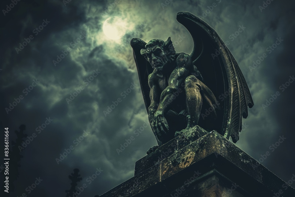Gargoyle Perched on Gothic Cathedral in Moonlit Night, Silent Guardian. Gargoyle Perched on Gothic Cathedral in Moonlit Night, Silent Guardian.