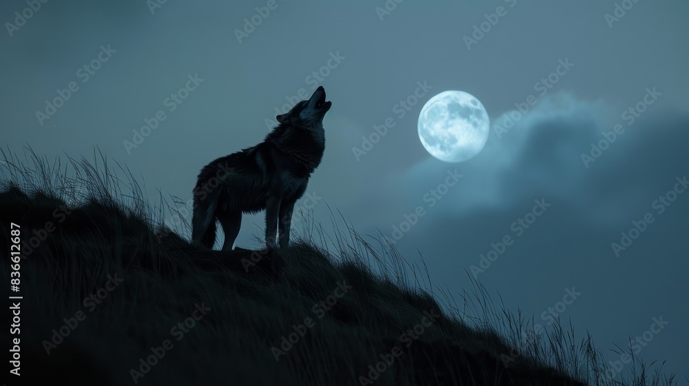 Lone Werewolf Howling Silhouetted Against Full Moon on Hill. Lone Werewolf Howling Silhouetted Against Full Moon on Hill.