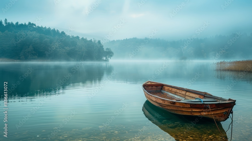 Fototapeta premium Serene Morning Scene: Vintage Rowboat by Calm Lakeside.