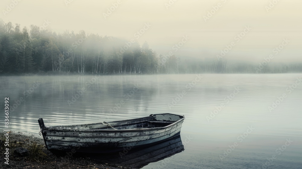 Serene Morning Scene: Old Wooden Rowboat by Calm Lake. Serene Morning Scene: Old Wooden Rowboat by Calm Lake.