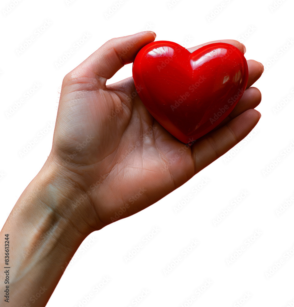 Hand holding a red heart symbolizing love, care, and compassion on a white background Hand holding a red heart symbolizing love, care, and compassion on a white background