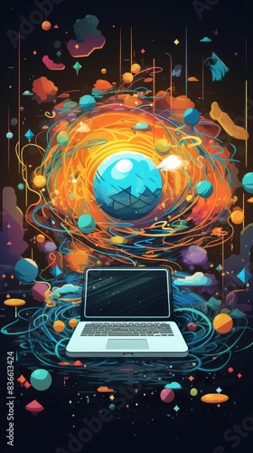 Abstract digital artwork featuring a laptop with swirling cosmic elements, representing a fusion of technology and the universe. photo