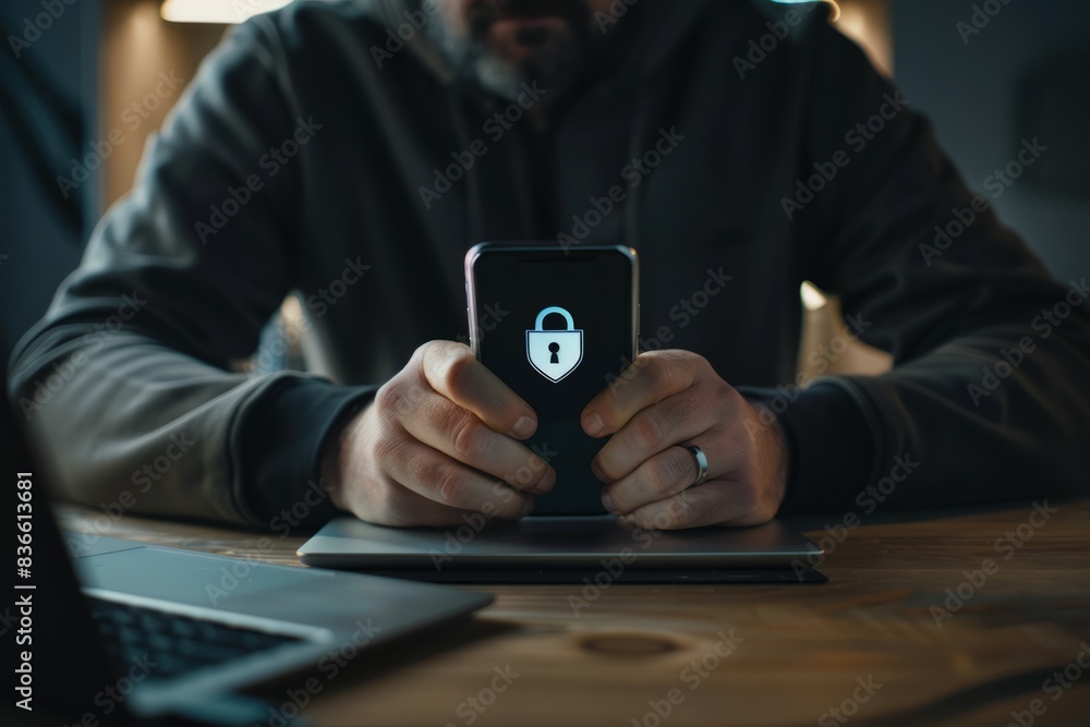 Data network security and privacy concepts. Merchants use smartphones and computers with cybersecurity technology to protect personal data and secure Internet access. Data network security and privacy concepts. Merchants use smartphones and computers with cybersecurity technology to protect personal data and secure Internet access.