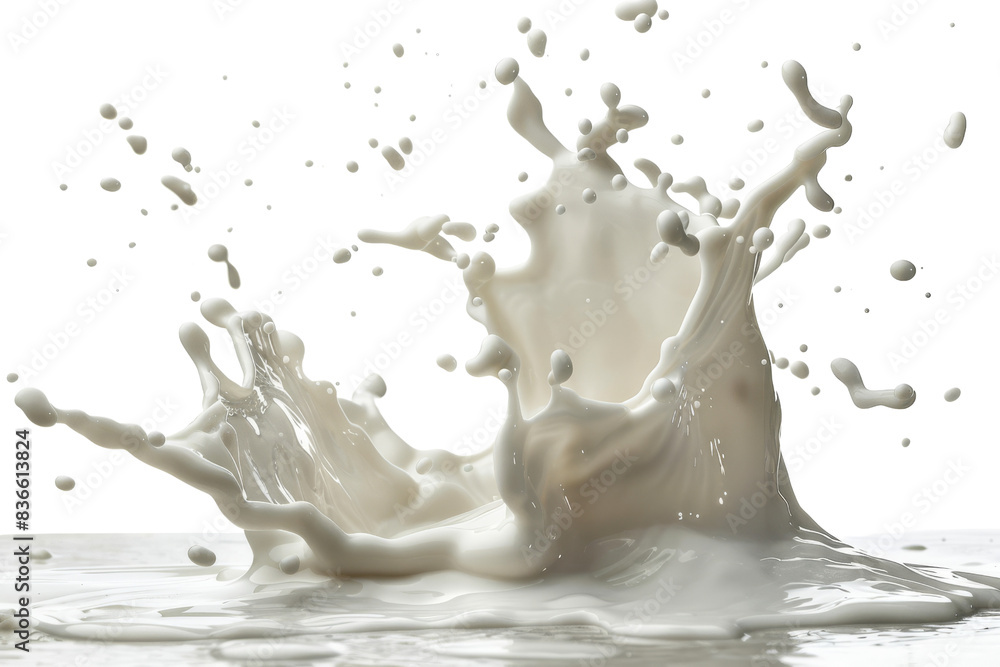 High-speed capture of a milk splash creating dynamic shapes and splatters on a white background High-speed capture of a milk splash creating dynamic shapes and splatters on a white background