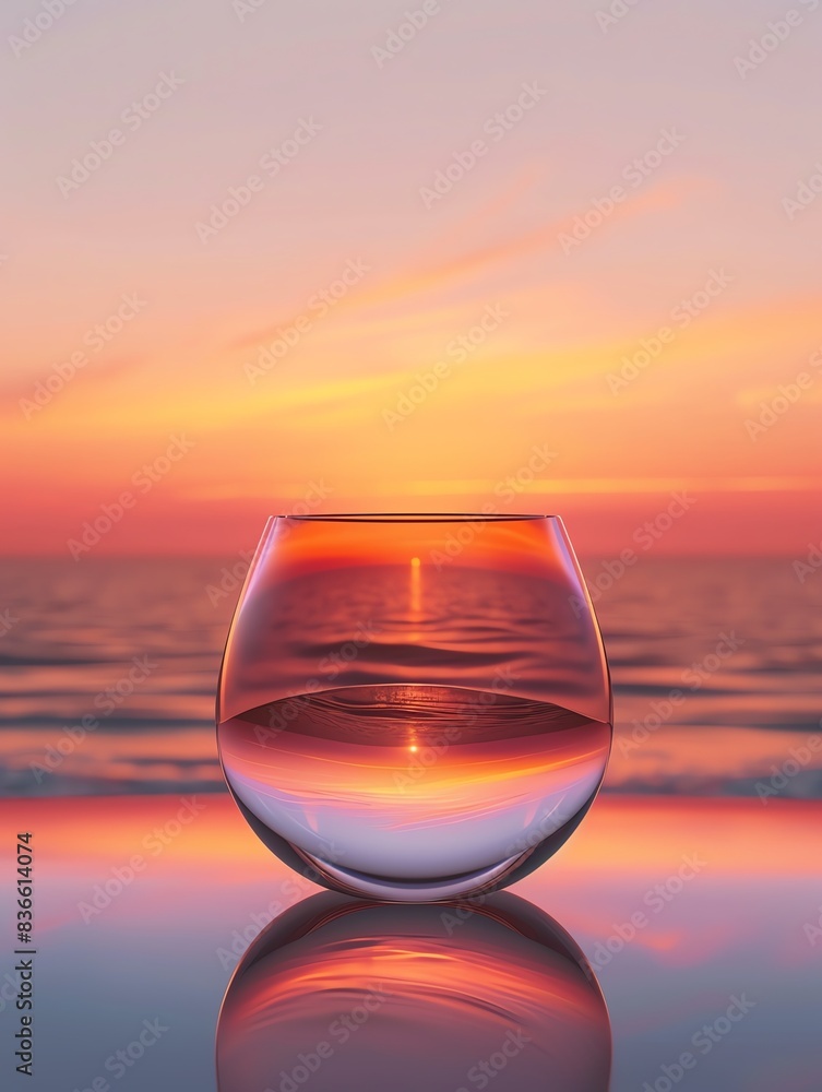 A glass bowl sits on a beach reflecting the colors of a sunset over the ocean. A glass bowl sits on a beach reflecting the colors of a sunset over the ocean.