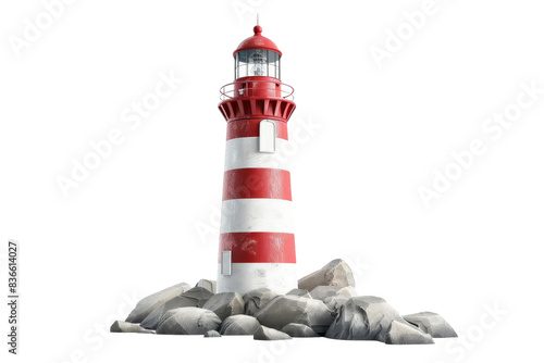 Red and white striped lighthouse sitting on rocky terrain photo