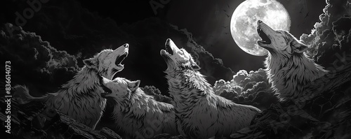 Wolves howling at the full moon in a dark, mysterious forest. photo