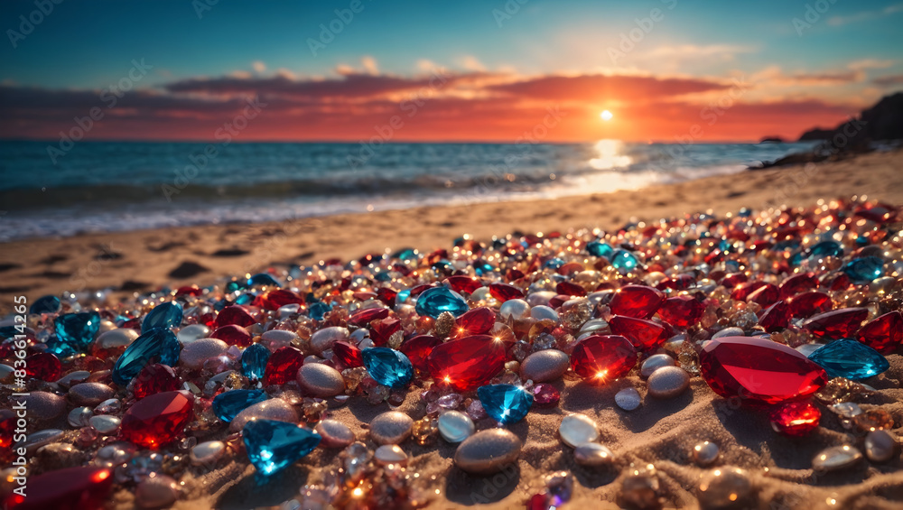 A glittering sea beach of jewels with a colorful sky background A glittering sea beach of jewels with a colorful sky background