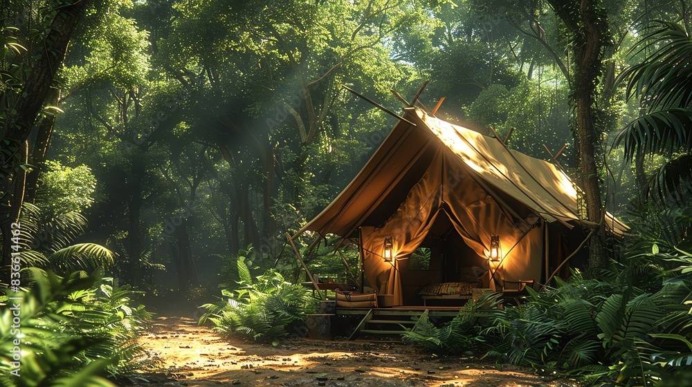 A rustic wooden cabin nestled in a lush green jungle, sunlight filtering through the leaves. A rustic wooden cabin nestled in a lush green jungle, sunlight filtering through the leaves.