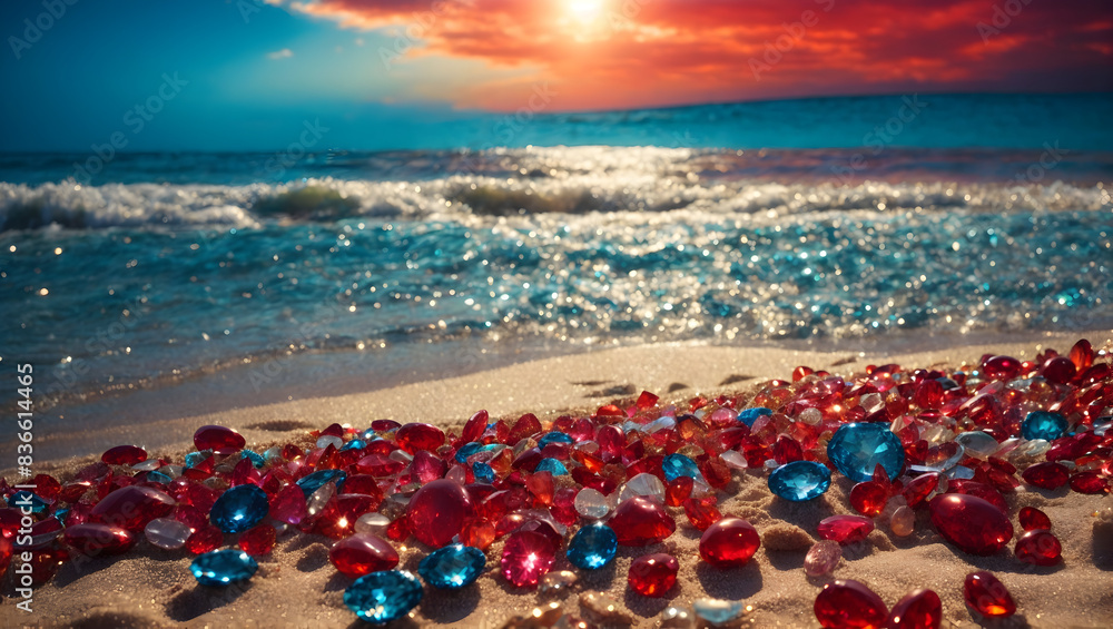 A glittering sea beach of jewels with a colorful sky background A glittering sea beach of jewels with a colorful sky background