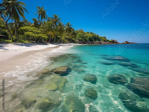 A beautiful tropical beach with clear turquoise water  white sand  and a few pieces of driftwood