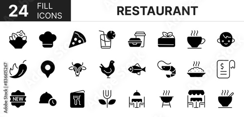 Collection of 24 Restaurant fill icons featuring editable strokes. These outline icons depict various modes of Restaurant, bar-b-q, beef, beer, bill, buffet,
