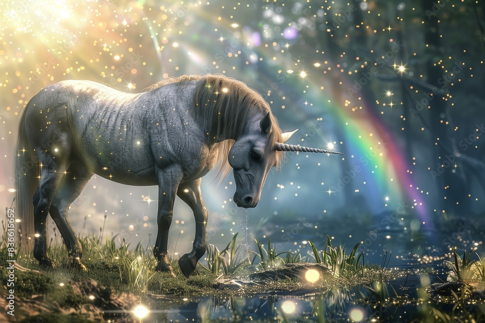 Unicorn Grazing in Enchanted Forest with Rainbow and Sparkles.