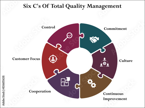 Six C's Of Total Quality Management - Commitments, Culture, Continuous Improvement, Cooperation, Customer focus, Control. Infographic template with icons and description placeholder