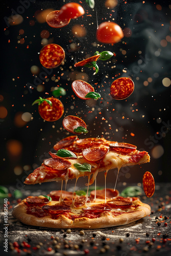 Hot piece of pepperoni pizza floating in the air, on a black background