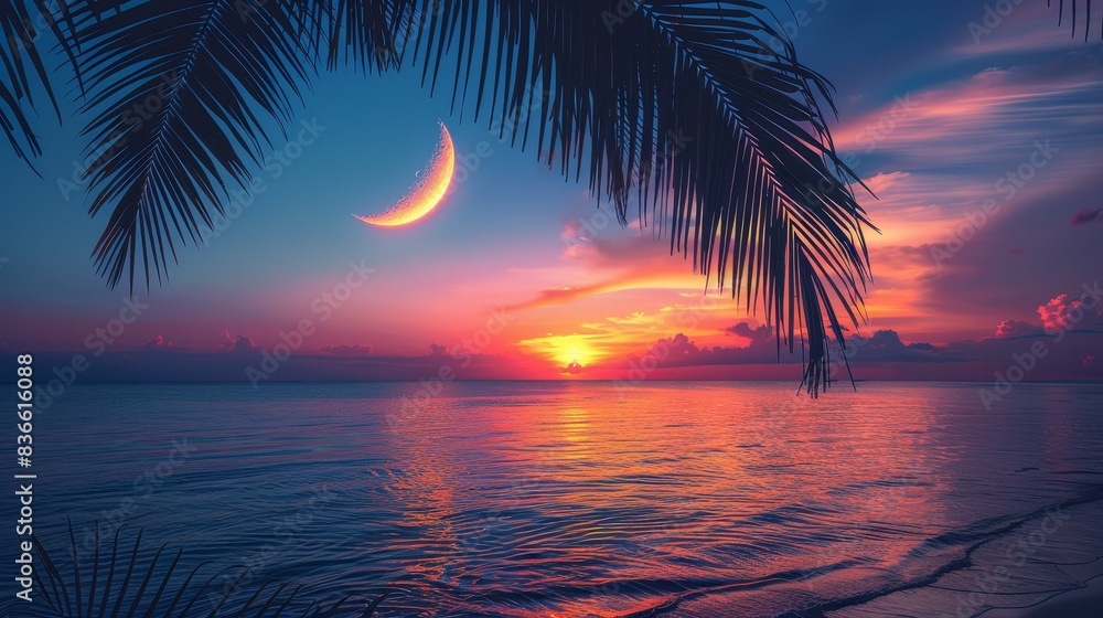 Tropical Sunset with Crescent Moon Tropical Sunset with Crescent Moon