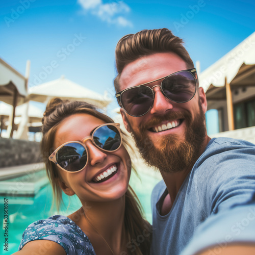 Happy tourist couple taking selfie picture in luxury hotel resort scenic destination place during holiday vacation and outdoor leisure activity together. Travel people lifestyle photo