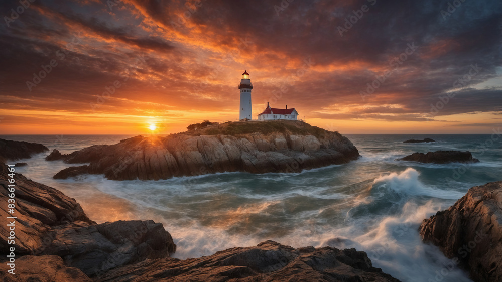 A lighthouse on a rocky shore at sunset A lighthouse on a rocky shore at sunset