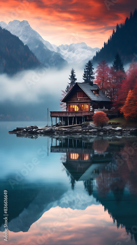 A serene lakeside at dawn  where the still water perfectly mirrors the surrounding mountains and the vibrant colors of the sunrise  with mist gently rising from the surface.
