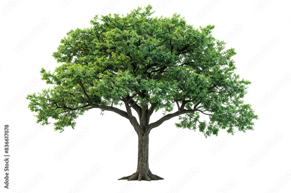 A lush green tree with dense foliage and a strong trunk, isolated on a white background, showcasing nature's beauty and life. A lush green tree with dense foliage and a strong trunk, isolated on a white background, showcasing nature's beauty and life.