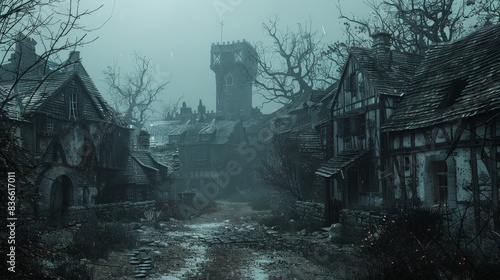 A cursed village with dilapidated houses and overgrown streets. The dark, foreboding atmosphere suggests something malevolent lurking within, depicted in a simple, yet eerie, digital artwork style. photo