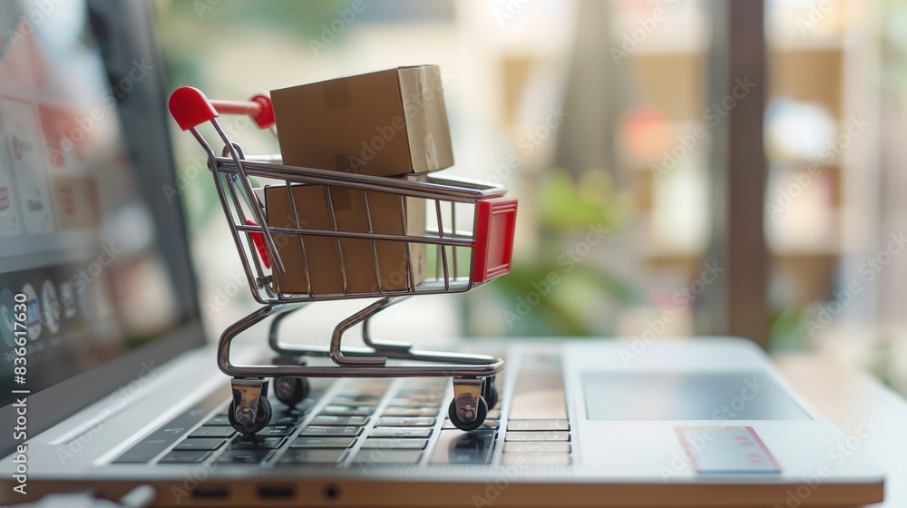 Digital online shopping concept, miniature cart with boxes on laptop keyboard and blurred web store interface background Digital online shopping concept, miniature cart with boxes on laptop keyboard and blurred web store interface background