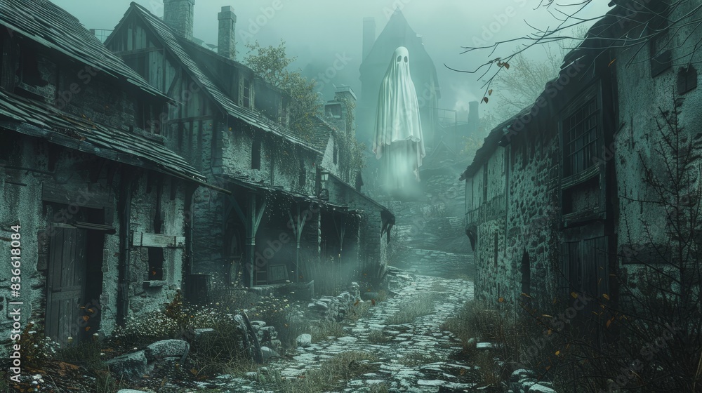 A supernatural elements artwork depicting a ghostly figure floating above a cobblestone street in an old, abandoned village. The figure is translucent, with a faint, glowing aura. The buildings are