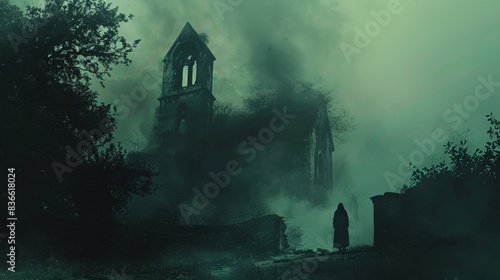 A spooky silhouette illustration showing a figure standing at the entrance of an old, decrepit church. The church is partially obscured by dense fog, and the figure's features are hidden in shadow, © taelefoto