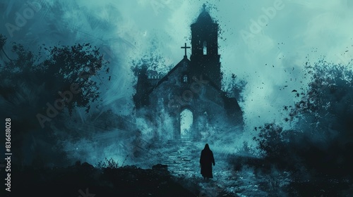 A spooky silhouette illustration showing a figure standing at the entrance of an old, decrepit church. The church is partially obscured by dense fog, and the figure's features are hidden in shadow,