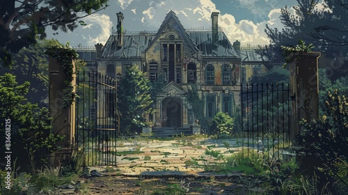 An abandoned asylum illustration showing a large, imposing building with broken windows and overgrown grounds. The front gate is ajar, and the path leading to the entrance is cracked and covered in photo