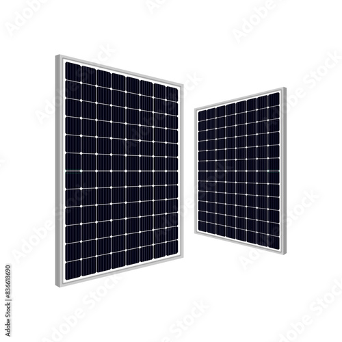 Realistic 3D photovoltaic module isolated on white background. Vector illustration of solar panel for alternative power generation from sunlight.