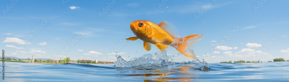 Fototapeta premium A golden fish leaping out of a serene summer lake, with a clear blue sky and gentle sunlight, Realistic, Natural Colors, Photography, Peaceful.