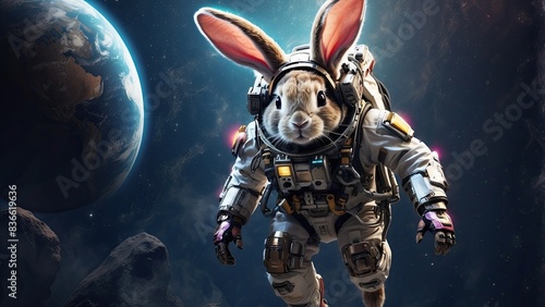 Space suit cyberpunk tech bunny rabbit flying through space with a jetpack and landing on the moon with earth in the background photo