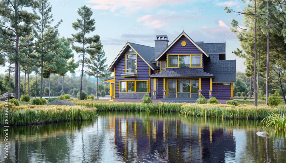 Front view of a newly constructed craftsman style purple house with yellow accents, by a serene lake. Front view of a newly constructed craftsman style purple house with yellow accents, by a serene lake.