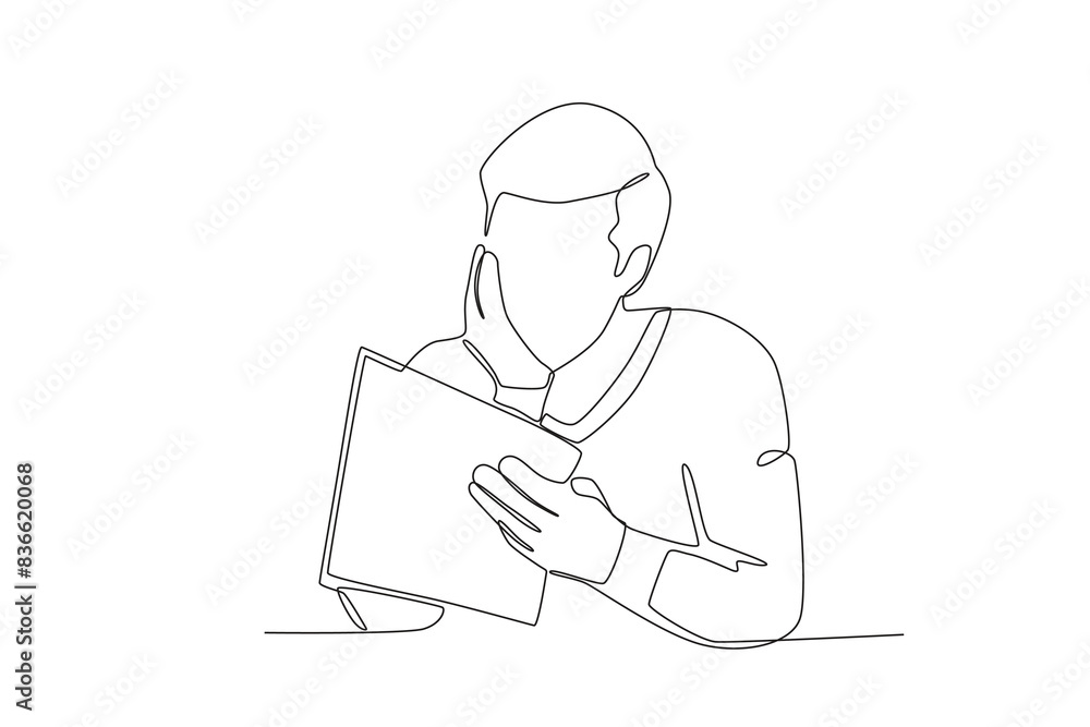 Single continuous line drawing of A confused man looks at a file. Stressed working in office with problem. One line draw design vector illustration
Single continuous line drawing of A confused man looks at a file. Stressed working in office with problem. One line draw design vector illustration