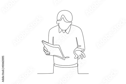 Single continuous line drawing of A confused man looks at a file. Stressed working in office with problem. One line draw design vector illustration