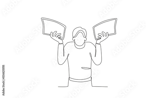 Single continuous line drawing of A confused man looks at a file. Stressed working in office with problem. One line draw design vector illustration
