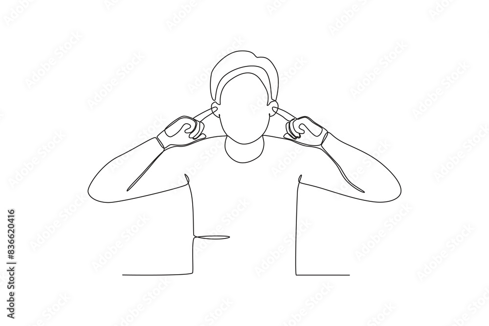 Single continuous line drawing of A stressed man with ear plugs. Stressed working in office with problem. One line draw design vector illustration
Single continuous line drawing of A stressed man with ear plugs. Stressed working in office with problem. One line draw design vector illustration