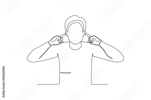 Single continuous line drawing of A stressed man with ear plugs. Stressed working in office with problem. One line draw design vector illustration
